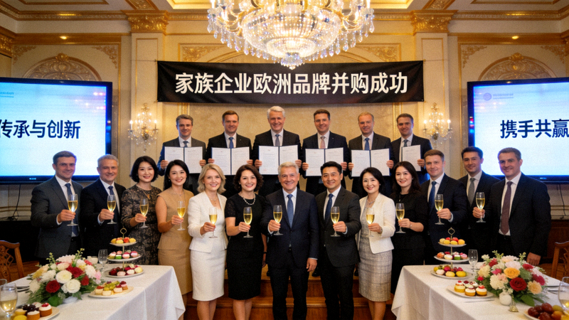 家族企业成功完成欧洲品牌并购后的庆祝场景